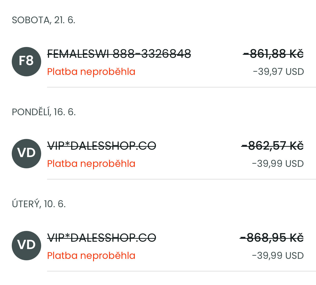 Obrázek zrušených transakcí na jednorázové virtuální kartě.